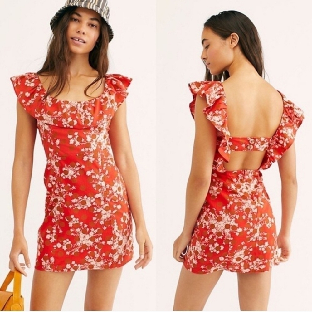 Free People Red Floral Ruffle Mini Dress